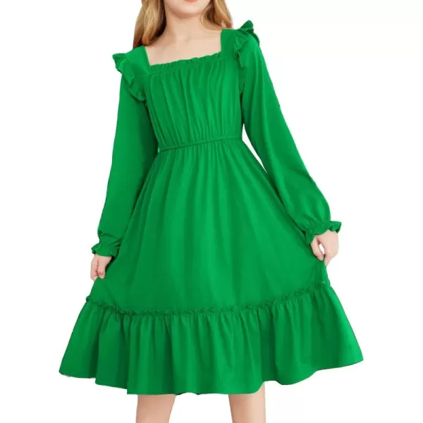 Arshiner Girls Trendy Long Sleeve Ruffle Hem Elastic Waist Cute Elegant Midi Dresses 6-13 Years