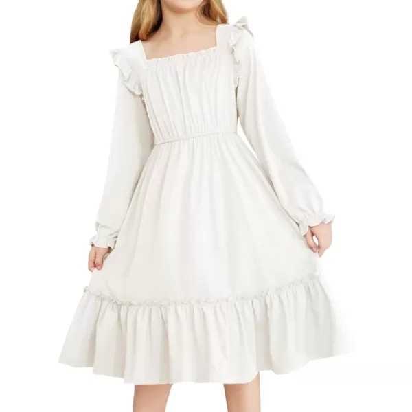 Arshiner Girls Trendy Long Sleeve Ruffle Hem Elastic Waist Cute Elegant Midi Dresses 6-13 Years
