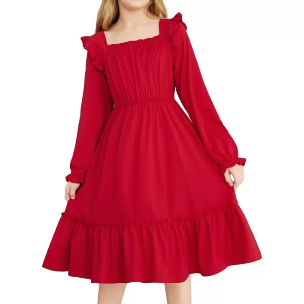 Arshiner Girls Trendy Long Sleeve Ruffle Hem Elastic Waist Cute Elegant Midi Dresses 6-13 Years
