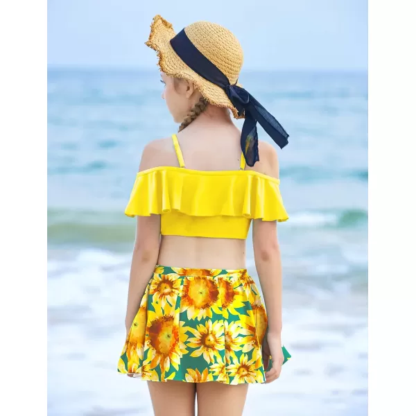 Arshiner 3 Piece Tween Girls Swimsuit Ruffle Sleeve Athletic Tankini Sport Swimwear with Swimming Skirt