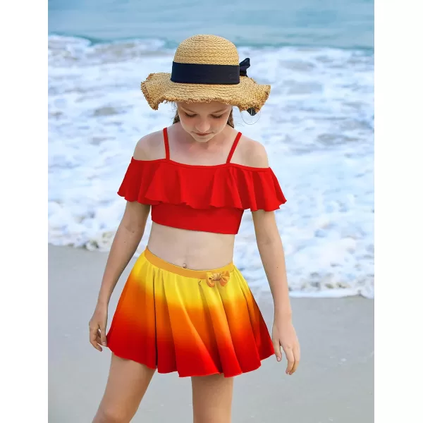 Arshiner 3 Piece Tween Girls Swimsuit Ruffle Sleeve Athletic Tankini Sport Swimwear with Swimming Skirt