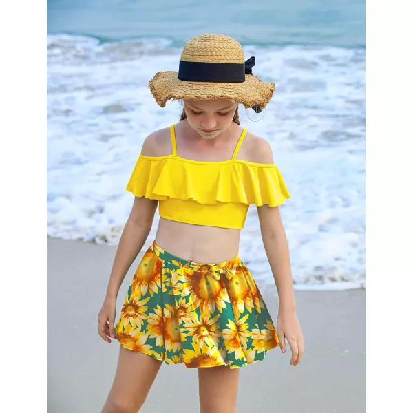 Arshiner 3 Piece Tween Girls Swimsuit Ruffle Sleeve Athletic Tankini Sport Swimwear with Swimming Skirt