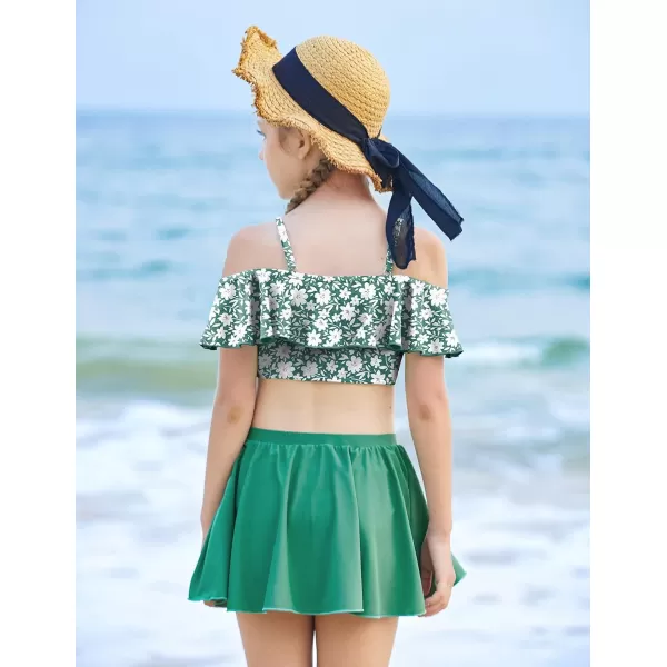 Arshiner 3 Piece Tween Girls Swimsuit Ruffle Sleeve Athletic Tankini Sport Swimwear with Swimming Skirt
