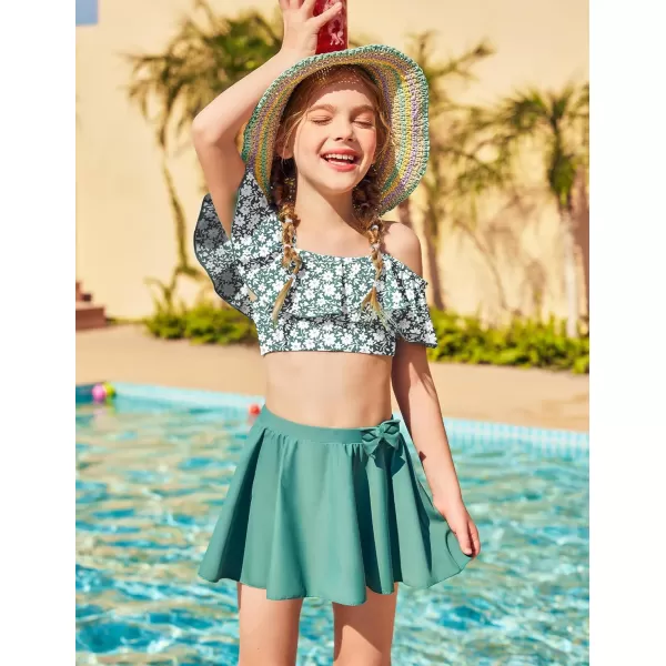 Arshiner 3 Piece Tween Girls Swimsuit Ruffle Sleeve Athletic Tankini Sport Swimwear with Swimming Skirt
