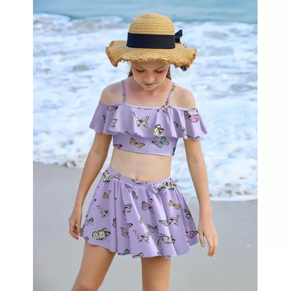 Arshiner 3 Piece Tween Girls Swimsuit Ruffle Sleeve Athletic Tankini Sport Swimwear with Swimming Skirt