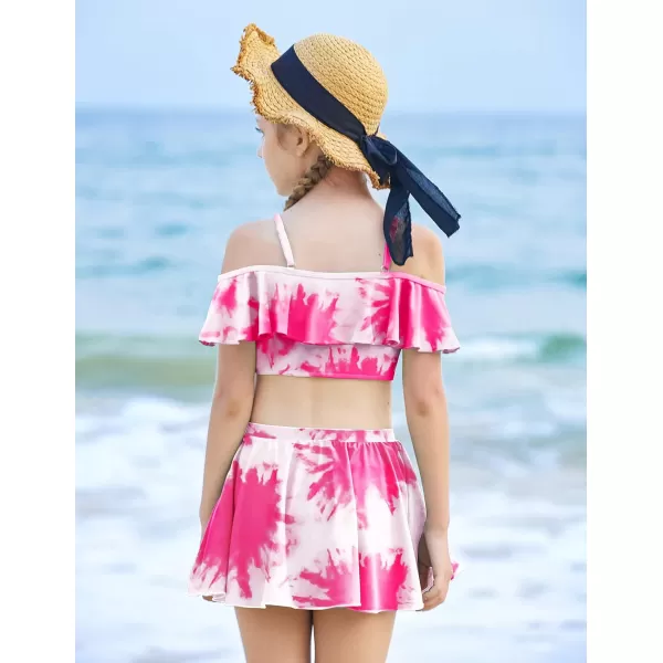 Arshiner 3 Piece Tween Girls Swimsuit Ruffle Sleeve Athletic Tankini Sport Swimwear with Swimming Skirt