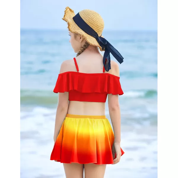 Arshiner 3 Piece Tween Girls Swimsuit Ruffle Sleeve Athletic Tankini Sport Swimwear with Swimming Skirt