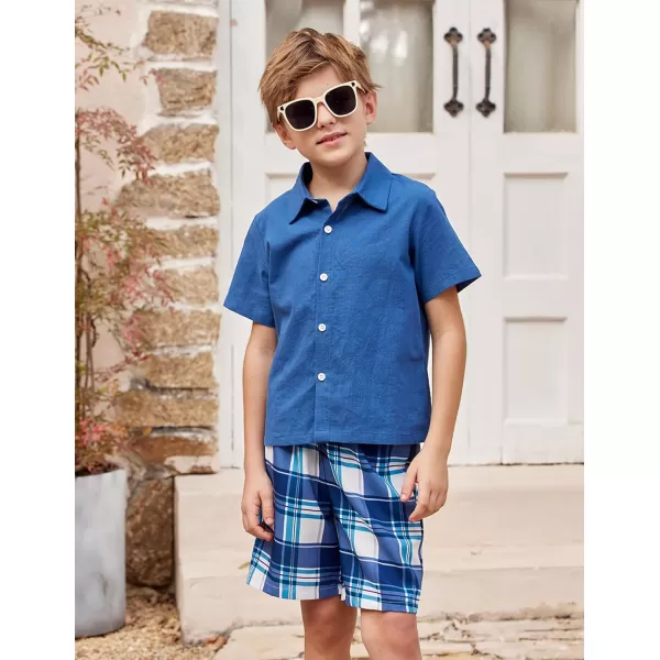 Arshiner Boy's Button Down Shirts and Plaid Short Sets with Bucket Hat Casual Summer Outfits Kids Beach Set Navy Blue Size 6