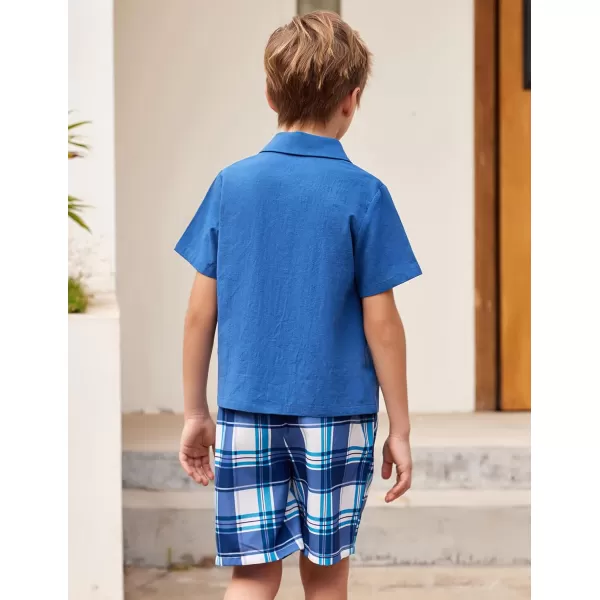 Arshiner Boy's Button Down Shirts and Plaid Short Sets with Bucket Hat Casual Summer Outfits Kids Beach Set Navy Blue Size 6