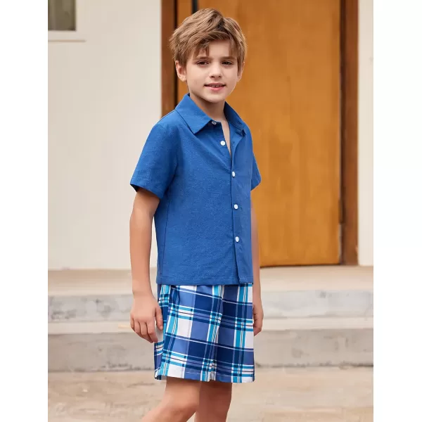 Arshiner Boy's Button Down Shirts and Plaid Short Sets with Bucket Hat Casual Summer Outfits Kids Beach Set Navy Blue Size 6