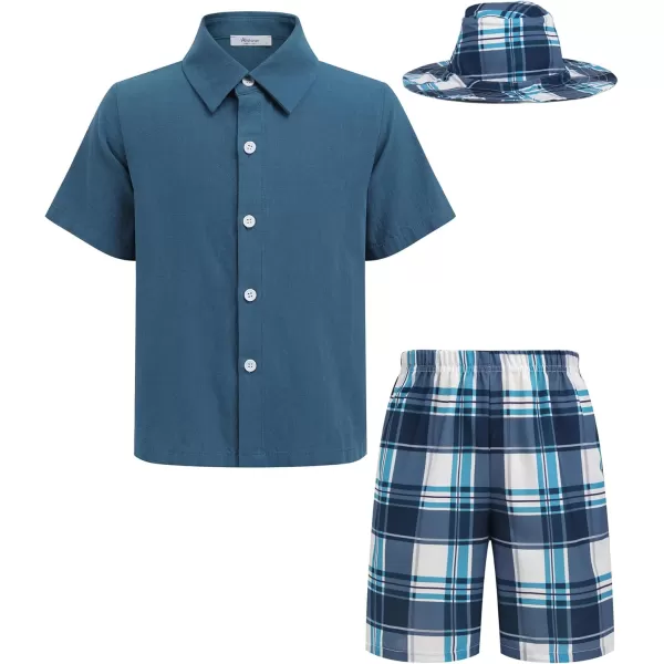 Arshiner Boy's Button Down Shirts and Plaid Short Sets with Bucket Hat Casual Summer Outfits Kids Beach Set Navy Blue Size 6