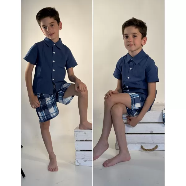 Arshiner Boy's Button Down Shirts and Plaid Short Sets with Bucket Hat Casual Summer Outfits Kids Beach Set Navy Blue Size 6