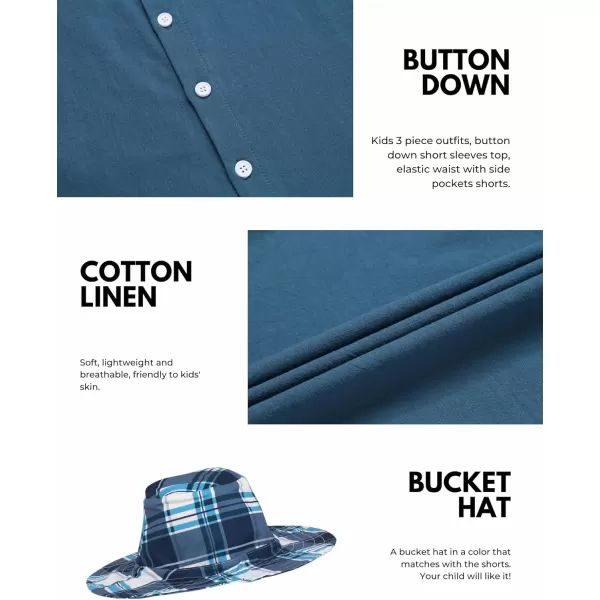 Arshiner Boy's Button Down Shirts and Plaid Short Sets with Bucket Hat Casual Summer Outfits Kids Beach Set Navy Blue Size 6