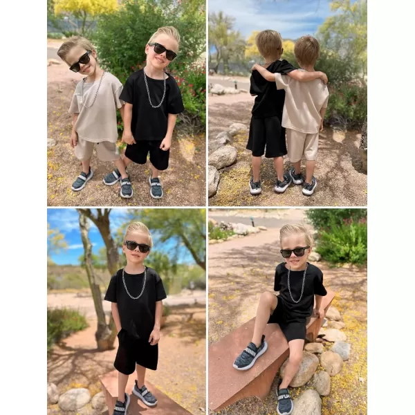 Arshiner Boys Drop Shoulder Tee &amp; Drawstring Waist Shorts with Chain Necklace Black Size 8
