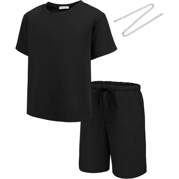 Arshiner Boys Drop Shoulder Tee &amp; Drawstring Waist Shorts with Chain Necklace Black Size 8