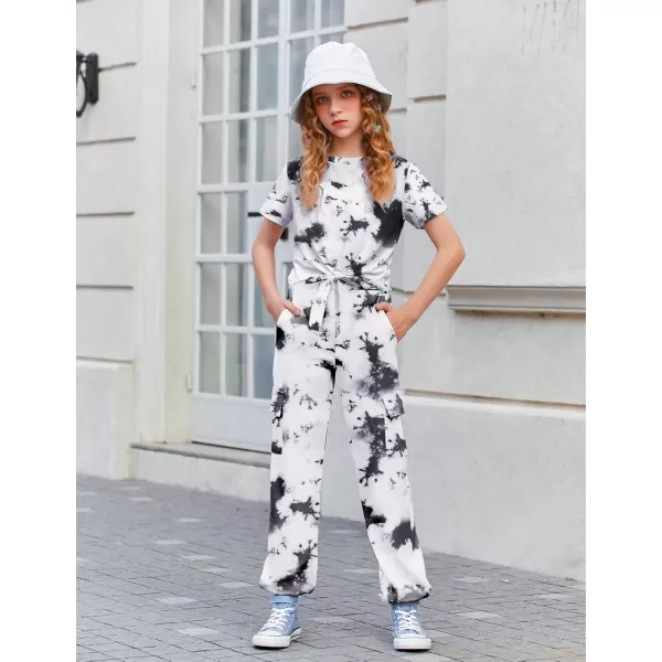 Arshiner Girls 2 Piece Outfits Short Sleeve Tie Knot Front Tee Tops and Cargo Jogger Pants Set Kids Clothing Sets