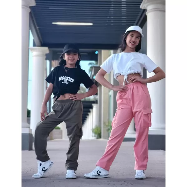 Arshiner Girls 2 Piece Outfits Short Sleeve Tie Knot Front Tee Tops and Cargo Jogger Pants Set Kids Clothing Sets