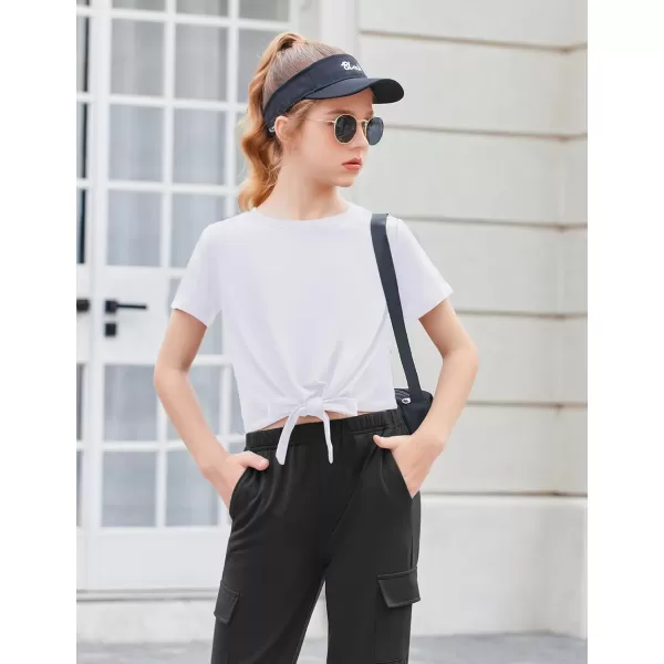 Arshiner Girls 2 Piece Outfits Short Sleeve Tie Knot Front Tee Tops and Cargo Jogger Pants Set Kids Clothing Sets