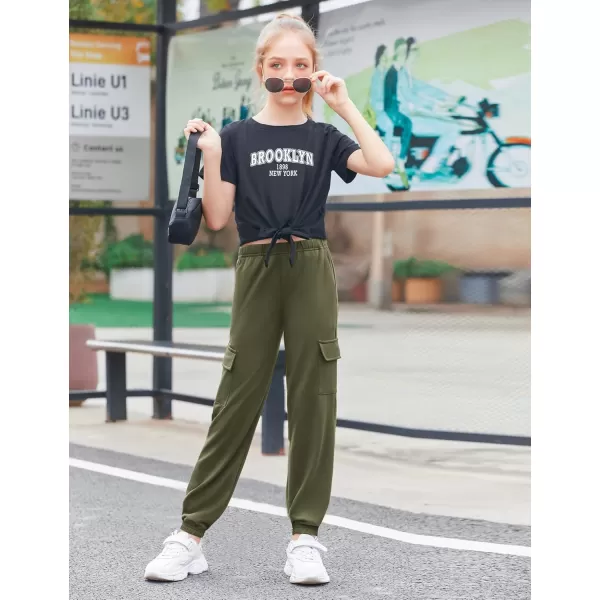 Arshiner Girls 2 Piece Outfits Short Sleeve Tie Knot Front Tee Tops and Cargo Jogger Pants Set Kids Clothing Sets
