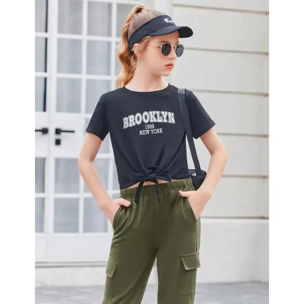 Arshiner Girls 2 Piece Outfits Short Sleeve Tie Knot Front Tee Tops and Cargo Jogger Pants Set Kids Clothing Sets