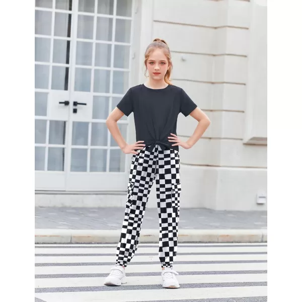 Arshiner Girls 2 Piece Outfits Short Sleeve Tie Knot Front Tee Tops and Cargo Jogger Pants Set Kids Clothing Sets