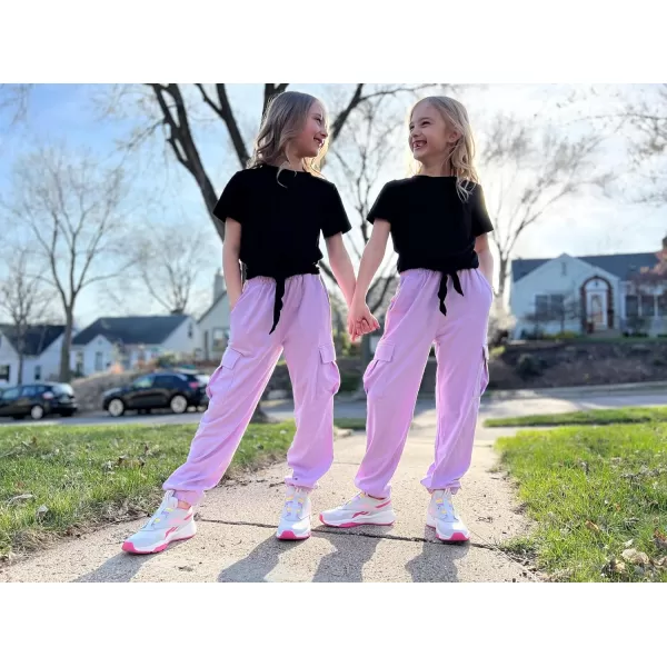 Arshiner Girls 2 Piece Outfits Short Sleeve Tie Knot Front Tee Tops and Cargo Jogger Pants Set Kids Clothing Sets