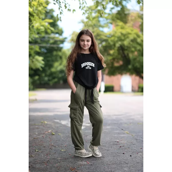 Arshiner Girls 2 Piece Outfits Short Sleeve Tie Knot Front Tee Tops and Cargo Jogger Pants Set Kids Clothing Sets
