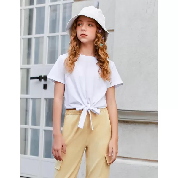 Arshiner Girls 2 Piece Outfits Short Sleeve Tie Knot Front Tee Tops and Cargo Jogger Pants Set Kids Clothing Sets