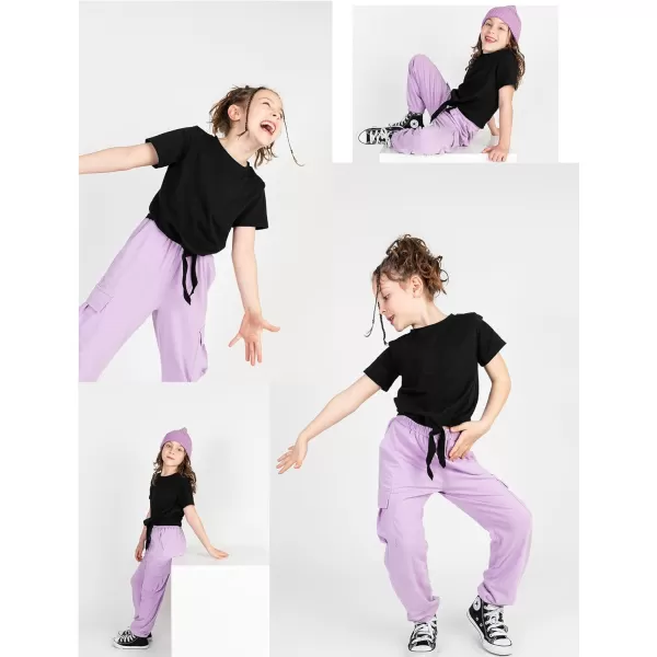 Arshiner Girls 2 Piece Outfits Short Sleeve Tie Knot Front Tee Tops and Cargo Jogger Pants Set Kids Clothing Sets