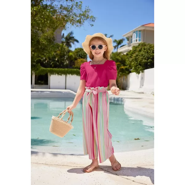 Arshiner Girls 2 Pieces Outfits Kids Square Neck Puff Sleeve Tops and Pants Set with Pockets 6-14 Years