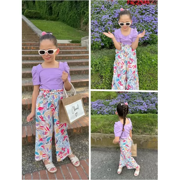 Arshiner Girls 2 Pieces Outfits Kids Square Neck Puff Sleeve Tops and Pants Set with Pockets 6-14 Years