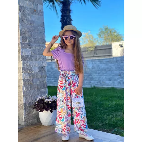 Arshiner Girls 2 Pieces Outfits Kids Square Neck Puff Sleeve Tops and Pants Set with Pockets 6-14 Years