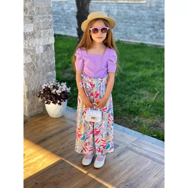 Arshiner Girls 2 Pieces Outfits Kids Square Neck Puff Sleeve Tops and Pants Set with Pockets 6-14 Years