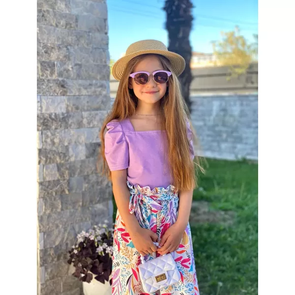 Arshiner Girls 2 Pieces Outfits Kids Square Neck Puff Sleeve Tops and Pants Set with Pockets 6-14 Years