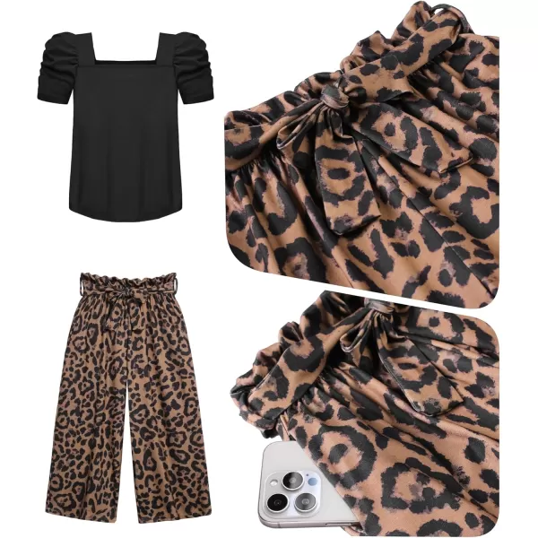 Arshiner Girls 2 Pieces Outfits Kids Square Neck Puff Sleeve Tops and Pants Set with Pockets 6-14 Years