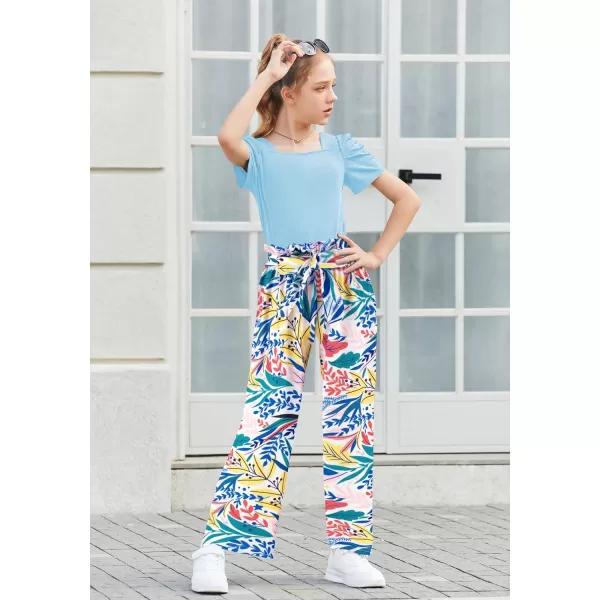 Arshiner Girls 2 Pieces Outfits Kids Square Neck Puff Sleeve Tops and Pants Set with Pockets 6-14 Years
