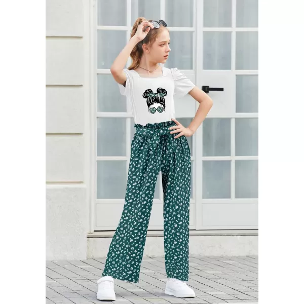 Arshiner Girls 2 Pieces Outfits Kids Square Neck Puff Sleeve Tops and Pants Set with Pockets 6-14 Years