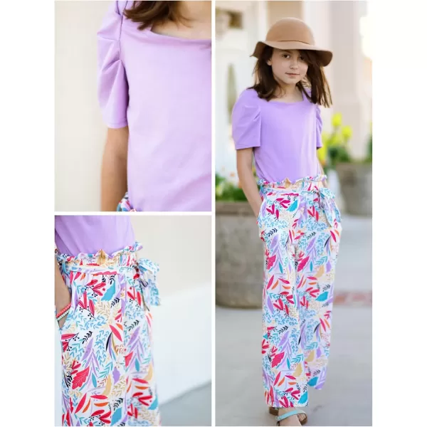 Arshiner Girls 2 Pieces Outfits Kids Square Neck Puff Sleeve Tops and Pants Set with Pockets 6-14 Years