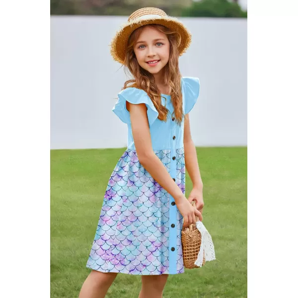 Arshiner Girls Dress Flutter Sleeve A-Line Button Down Sundress Casual Midi Dresses for 4-12 Years Kids