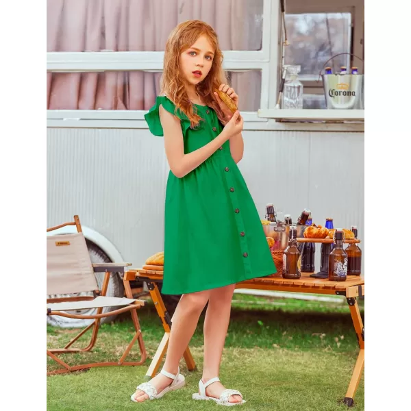Arshiner Girls Dress Flutter Sleeve A-Line Button Down Sundress Casual Midi Dresses for 4-12 Years Kids