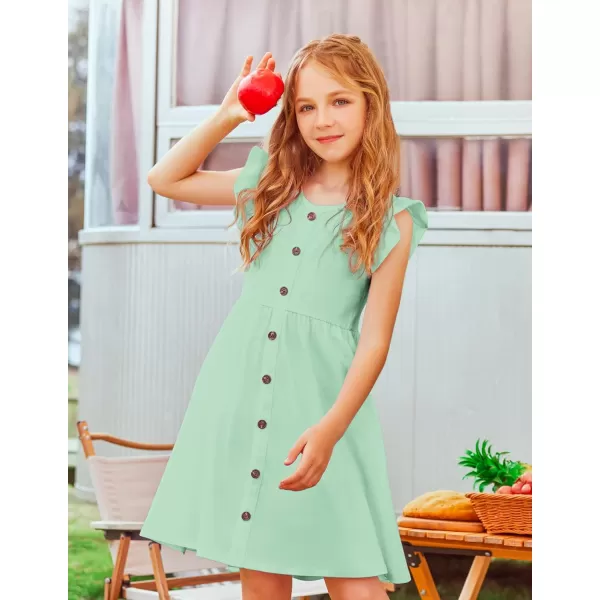 Arshiner Girls Dress Flutter Sleeve A-Line Button Down Sundress Casual Midi Dresses for 4-12 Years Kids