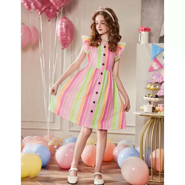 Arshiner Girls Dress Flutter Sleeve A-Line Button Down Sundress Casual Midi Dresses for 4-12 Years Kids