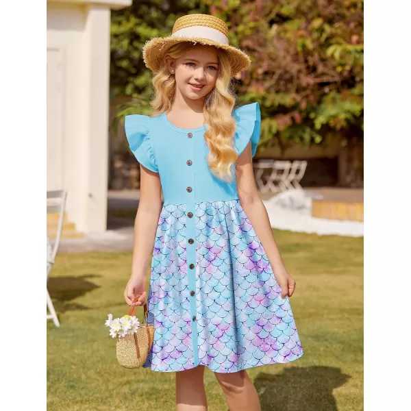 Arshiner Girls Dress Flutter Sleeve A-Line Button Down Sundress Casual Midi Dresses for 4-12 Years Kids