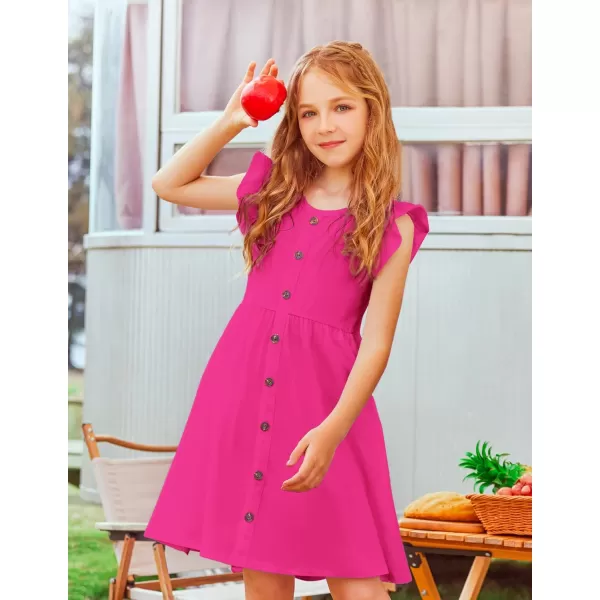 Arshiner Girls Dress Flutter Sleeve A-Line Button Down Sundress Casual Midi Dresses for 4-12 Years Kids