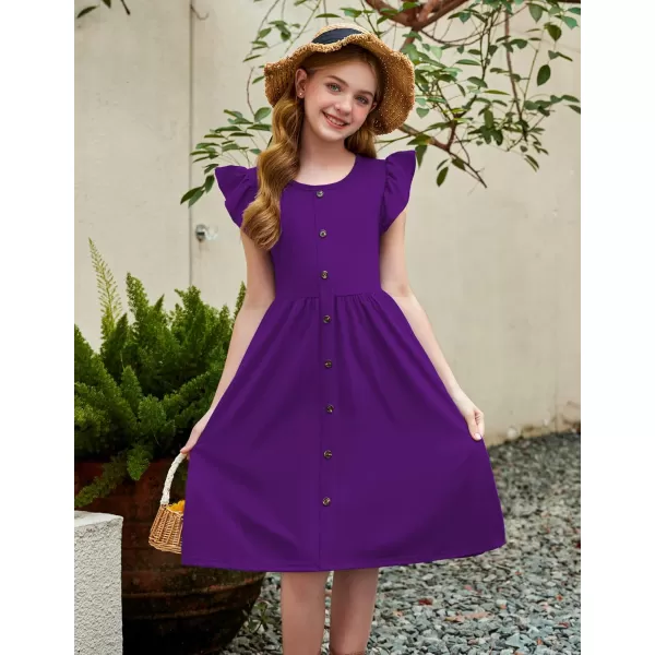 Arshiner Girls Dress Flutter Sleeve A-Line Button Down Sundress Casual Midi Dresses for 4-12 Years Kids