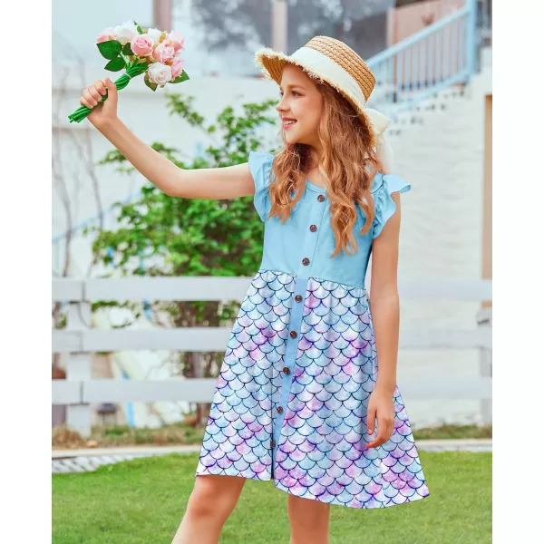 Arshiner Girls Dress Flutter Sleeve A-Line Button Down Sundress Casual Midi Dresses for 4-12 Years Kids