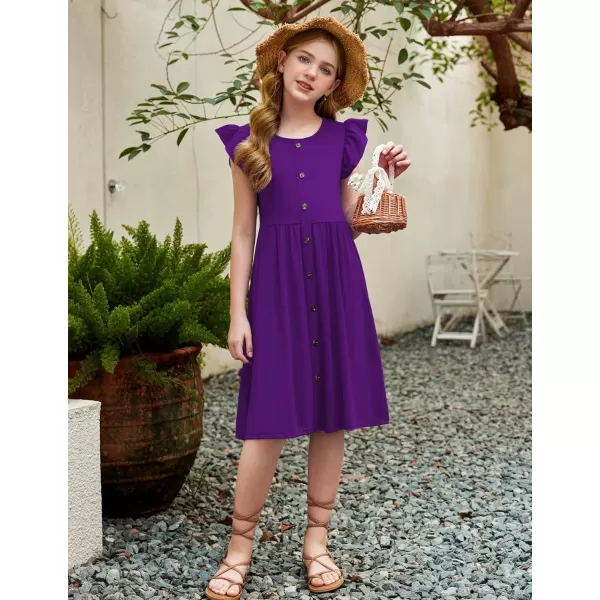 Arshiner Girls Dress Flutter Sleeve A-Line Button Down Sundress Casual Midi Dresses for 4-12 Years Kids
