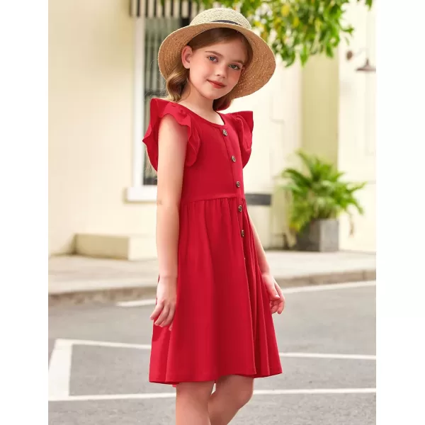 Arshiner Girls Dress Flutter Sleeve A-Line Button Down Sundress Casual Midi Dresses for 4-12 Years Kids