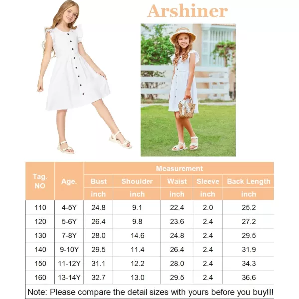 Arshiner Girls Dress Flutter Sleeve A-Line Button Down Sundress Casual Midi Dresses for 4-12 Years Kids