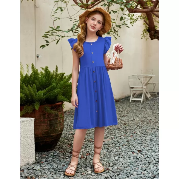 Arshiner Girls Dress Flutter Sleeve A-Line Button Down Sundress Casual Midi Dresses for 4-12 Years Kids